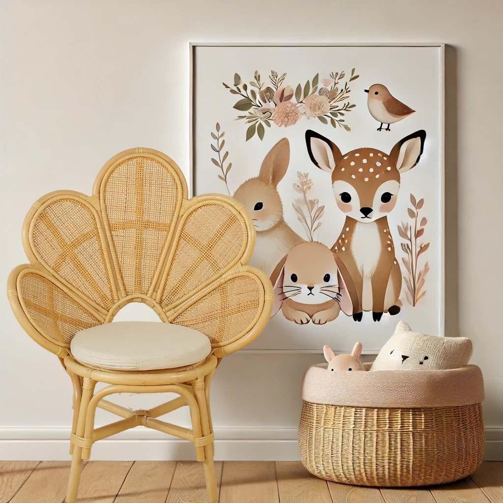 Elegant designed rattan flower chair sitting next to a toy basket in front of an animal painting for wall decor. Cozy and child-friendly seating for reading and play