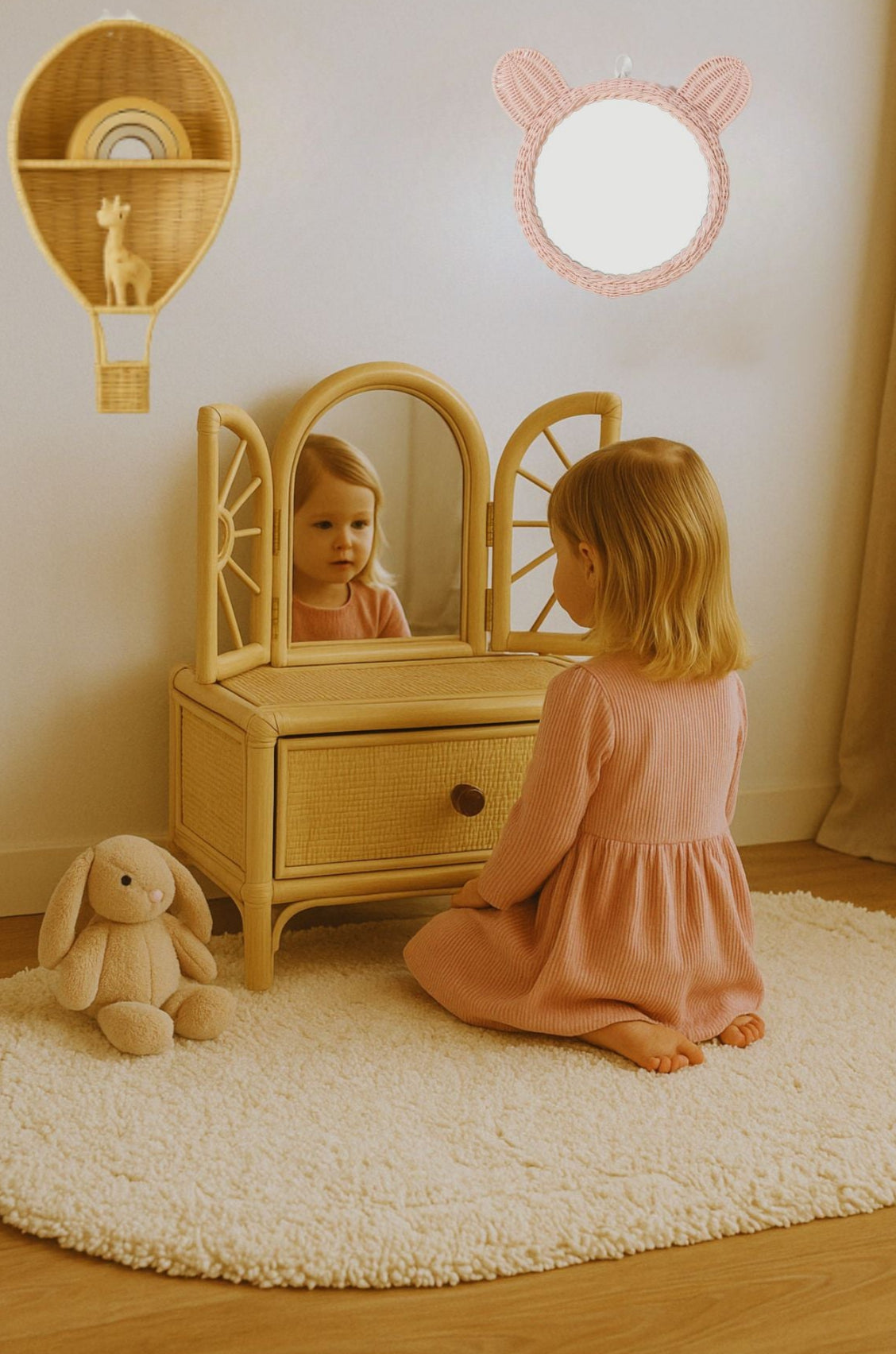 #rattanvanity #kidsvanityset #bohokidsroom #handcraftedtoys #girlsdressingtable #woodentoyfurniture #dressupcorner #bohovibesforkids #naturalkidsdecor #earlychildhoodgifts #heirloomquality #montessoritoys #lullabyrattan #giftforgirl #kidsroomstyling