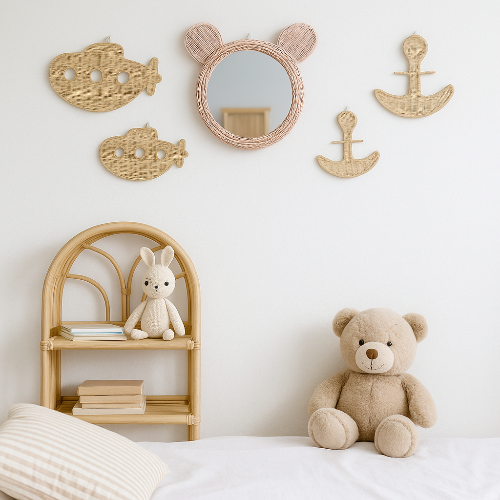 beach nursery decor, teddy bear nursery ideas, handmade rattan wall accent, gender-neutral baby room, minimalist nursery inspiration, ocean vibe kids room