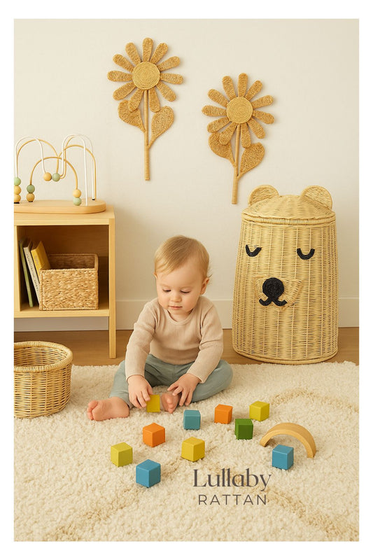 Handwoven Rattan Bear Laundry Basket | Cute Toy Storage Hamper