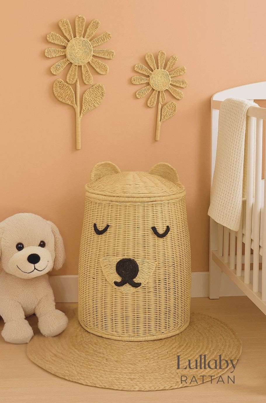 Handwoven Rattan Bear Laundry Basket | Cute Toy Storage Hamper