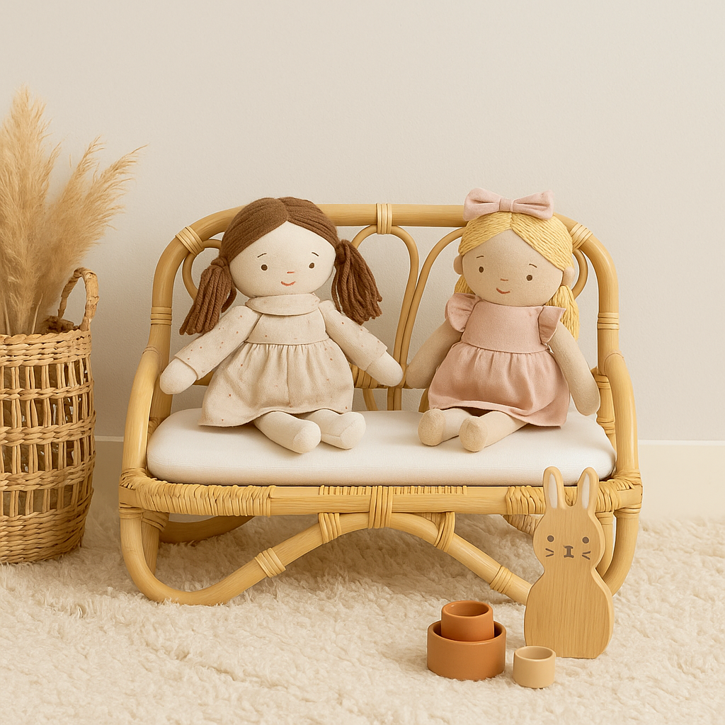 Two dolls sitting on a small wicker chair with a wooden rabbit and cups on a soft surface. Montessori and boho theme for little girl pretend play.