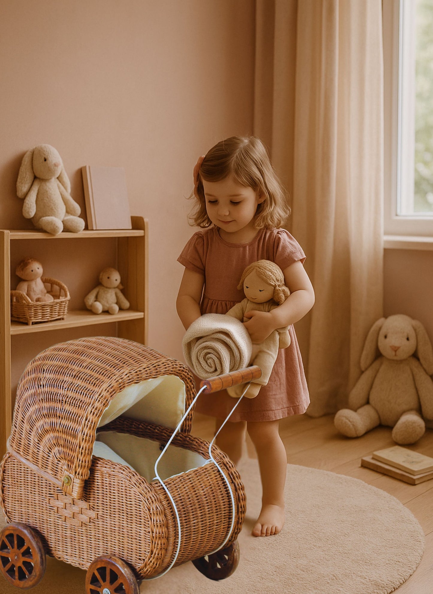Vintage Charm Rattan Doll Pram