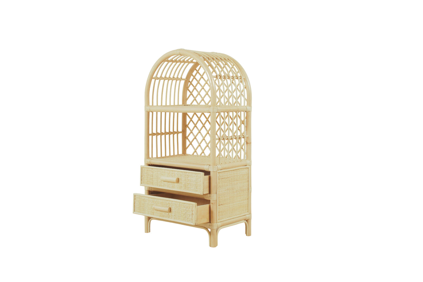 Handcrafted rattan bookshelf with two drawers, perfect for books and toys in a child’s bedroom
