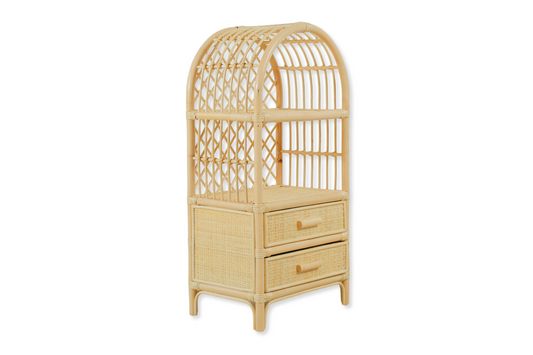 Handmade rattan kids toy organizer with drawers, styled for a Montessori playroom