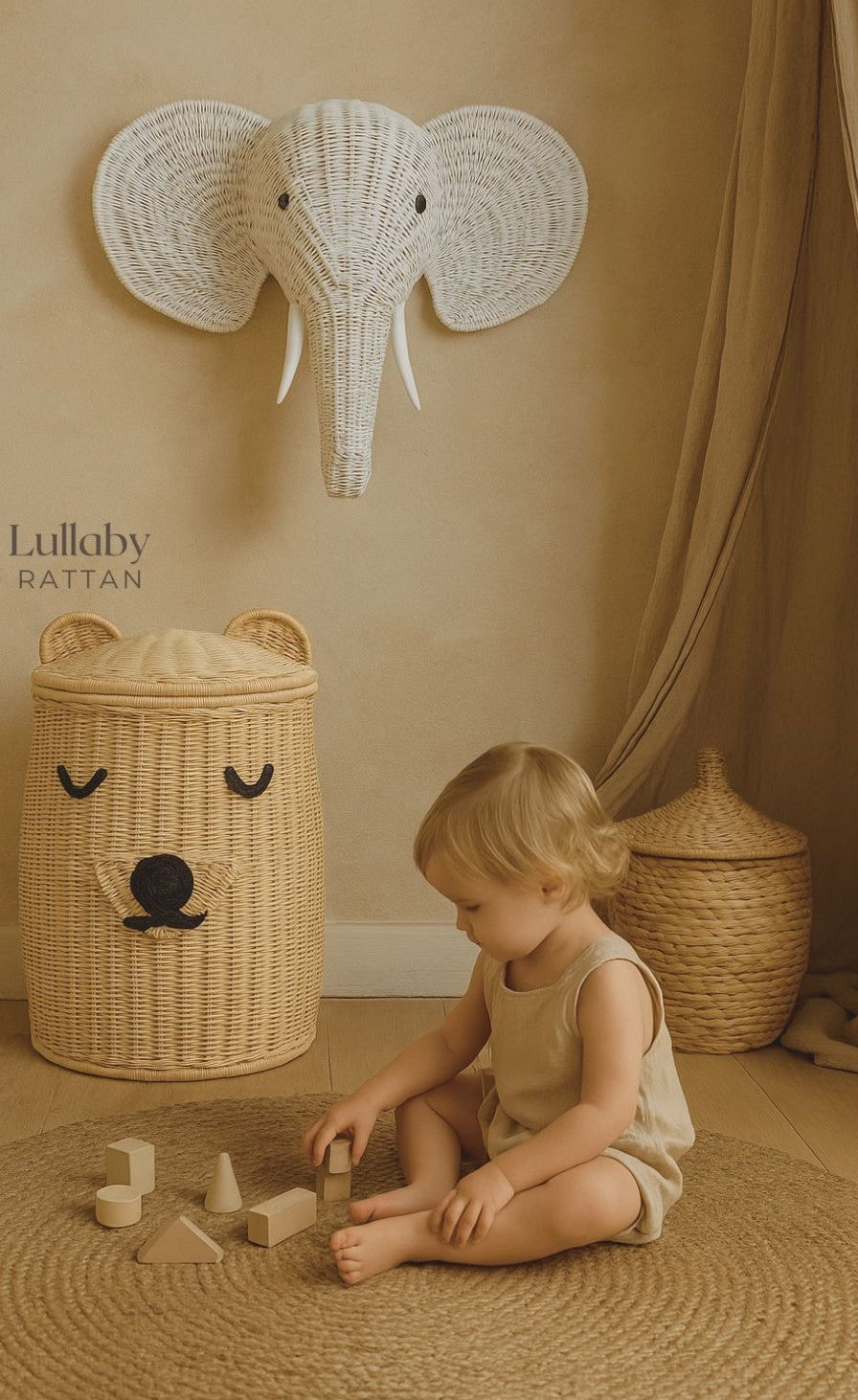 Handwoven Rattan Bear Laundry Basket | Cute Toy Storage Hamper