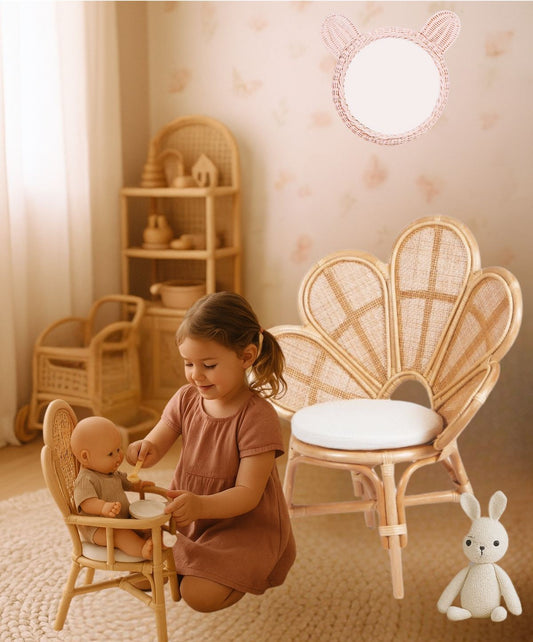 flower chair for decorating girls bedroom, girl feeding doll in doll size rattan high-chair. Ideal for girls birthday, baby shower gift or a whimsy and boho design.