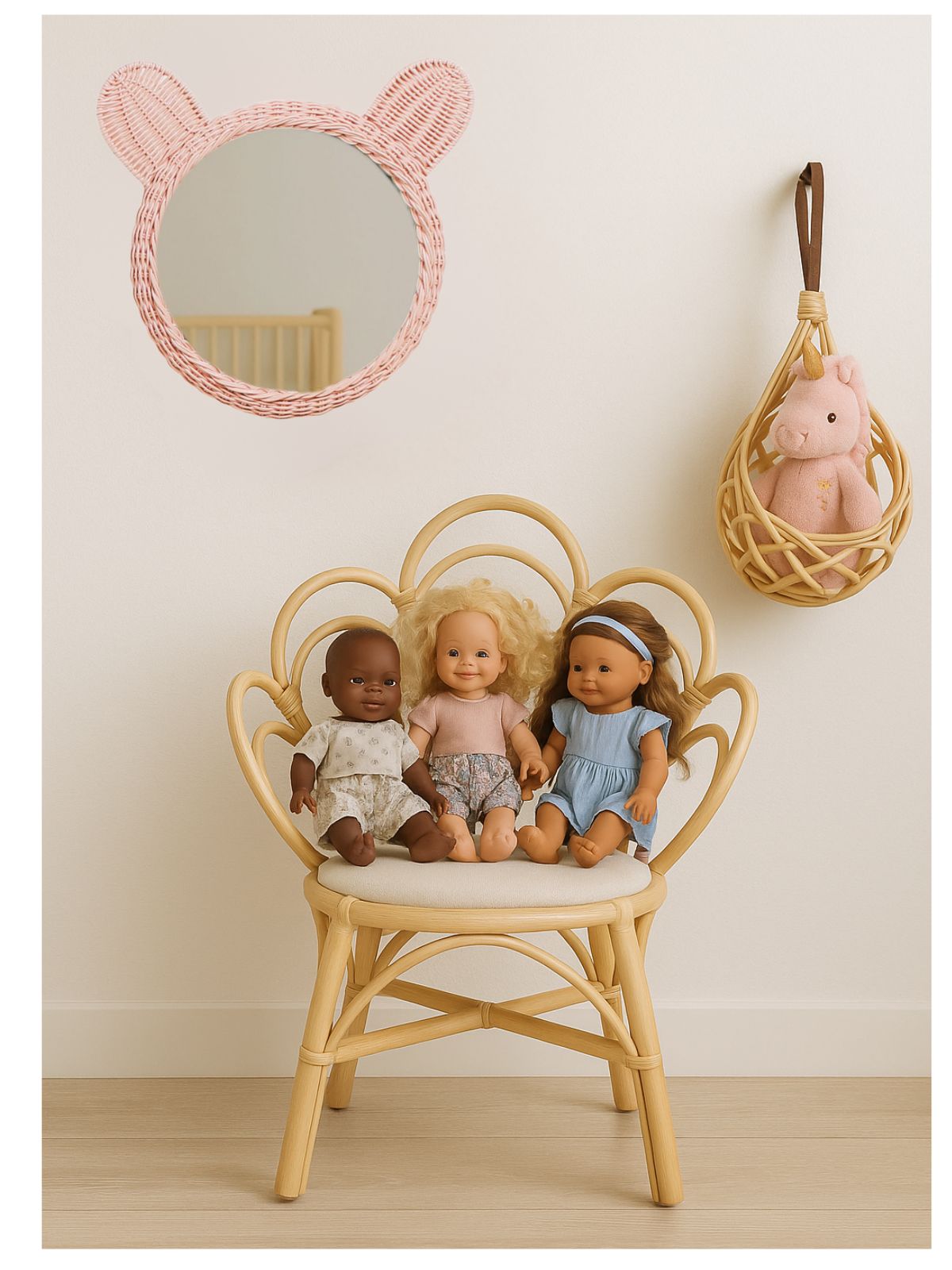 Pink Teddy Bear shaped wall mirror with girls rattan chair