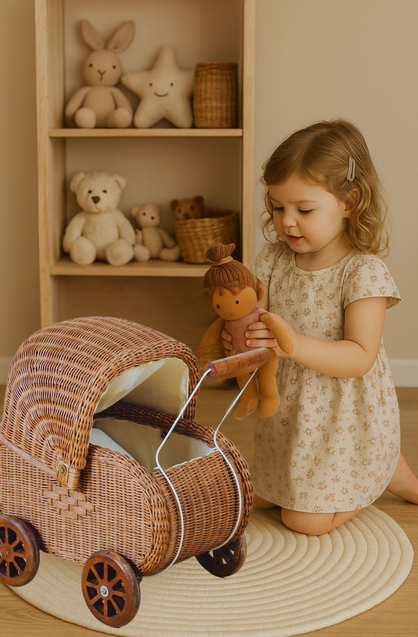 Vintage Charm Rattan Doll Pram