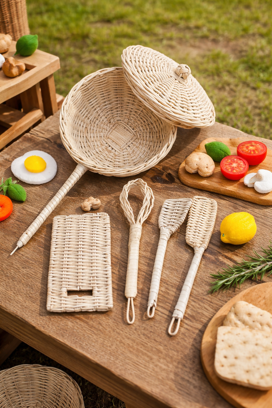 A pretend play cooking set surrounded by felt food that sparks little kids imagination for cooking.
