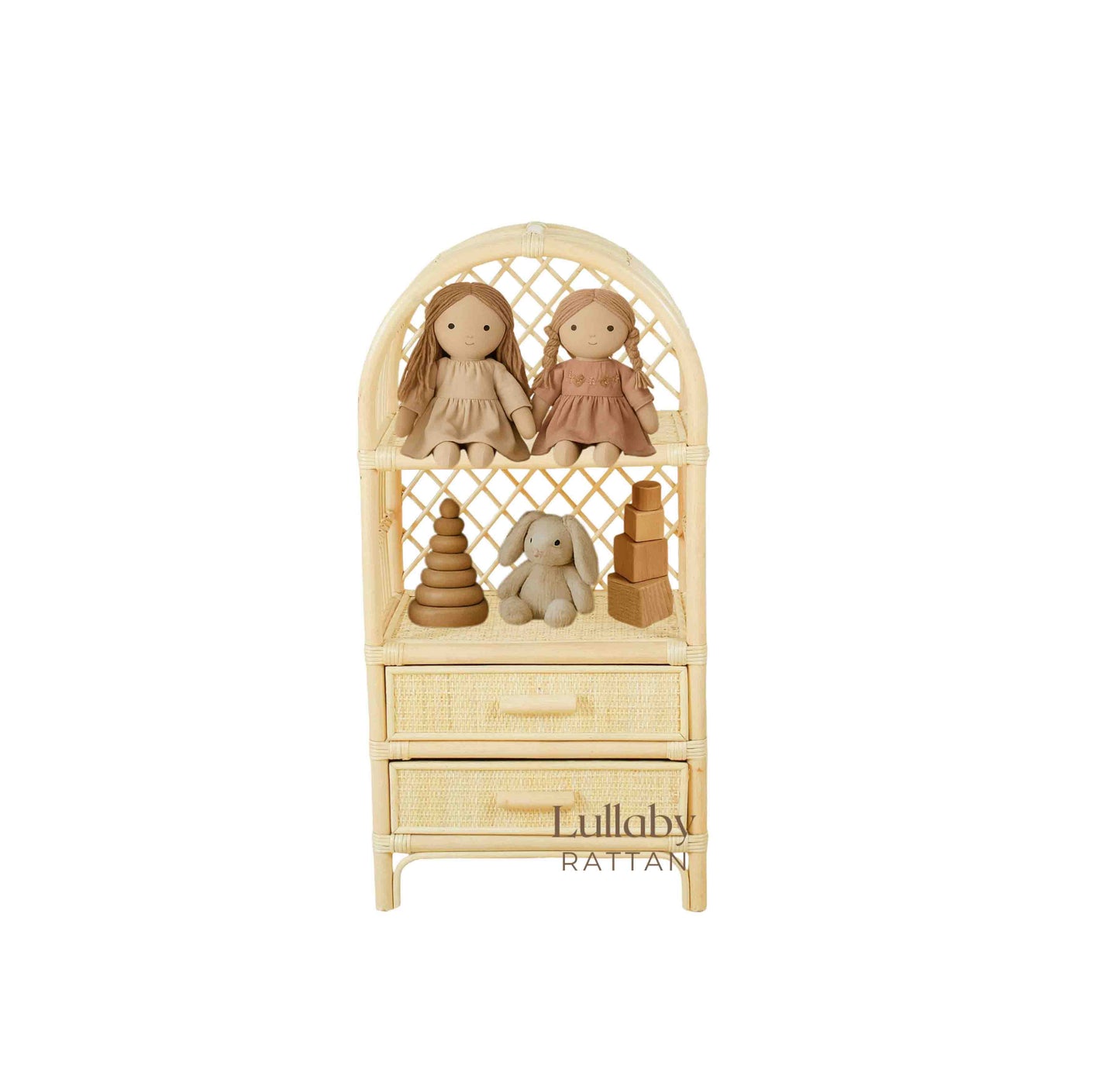 Neutral rattan storage shelf with dolls and wooden toys displayed for kids’ room organization.