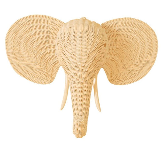 Woven elephant head wall decoration on a white background. Animal wall decor