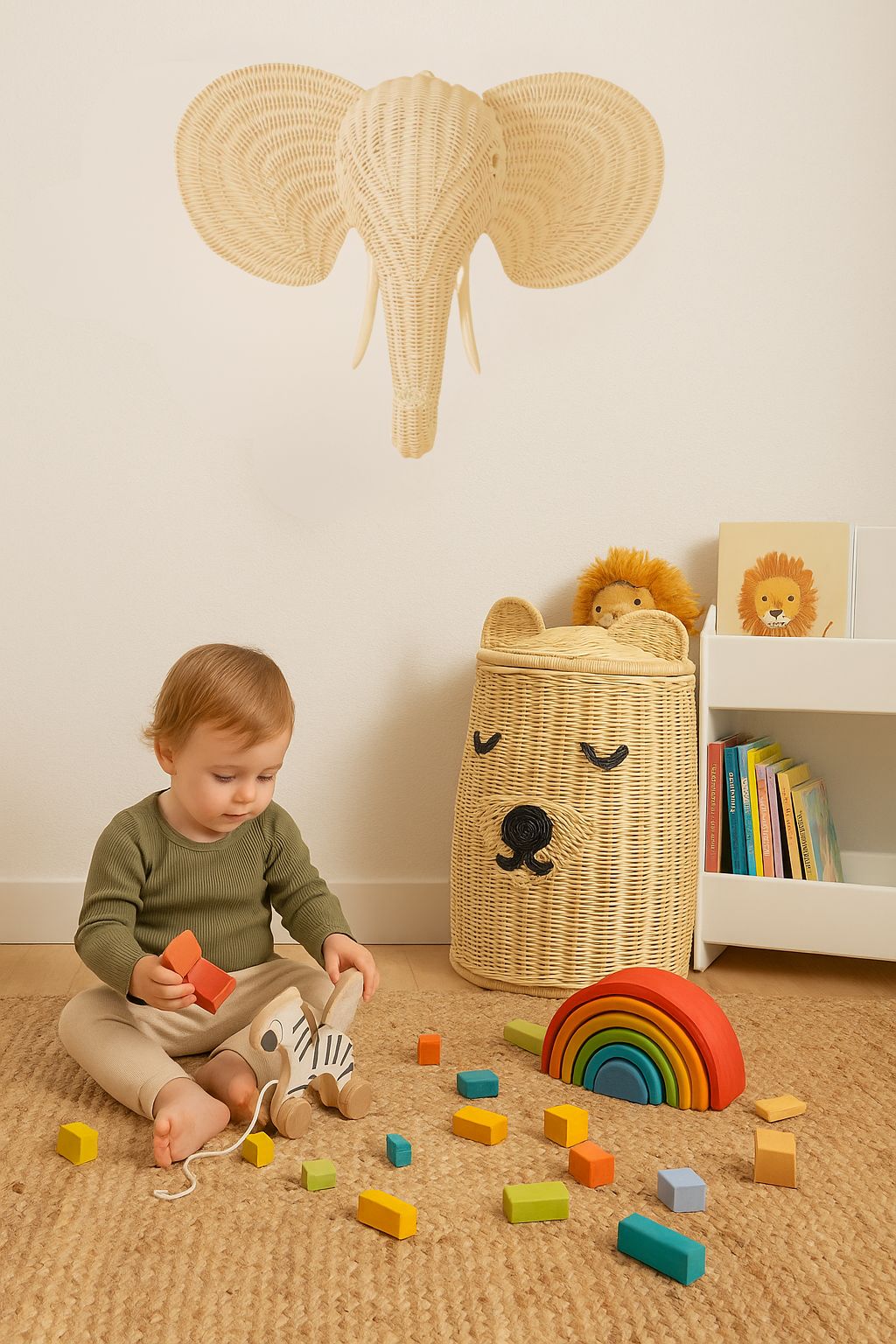 Rattan Elephant Wall Decor – Safari Nursery Wall Art | Boho Kids Room Animal Head | Handmade Natural Rattan Décor