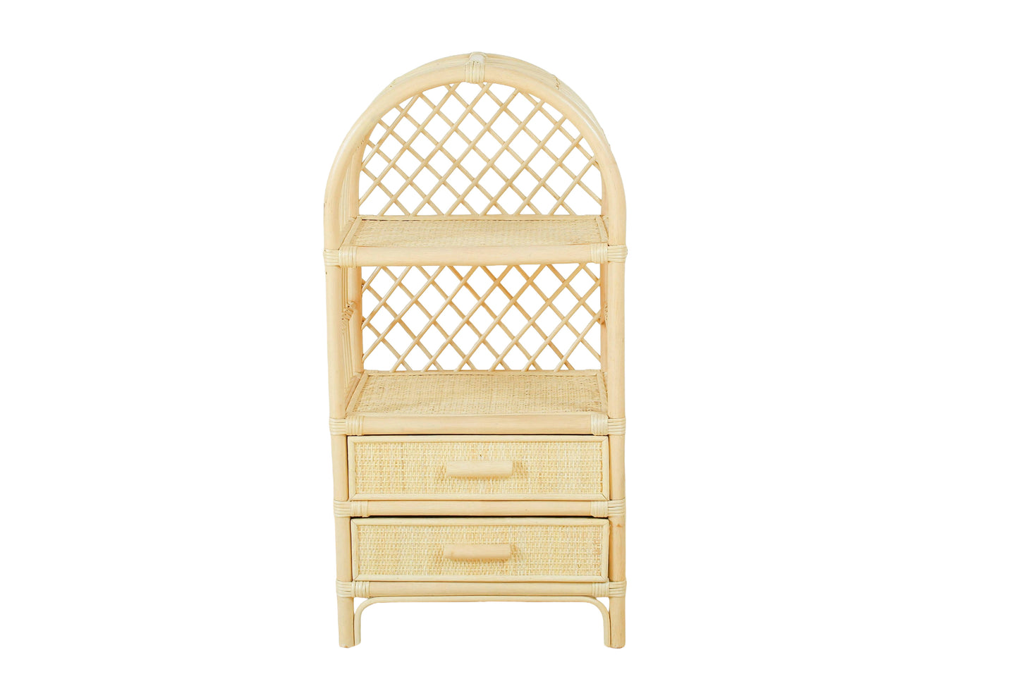Neutral rattan storage shelf with dolls and wooden toys displayed for kids’ room organization.