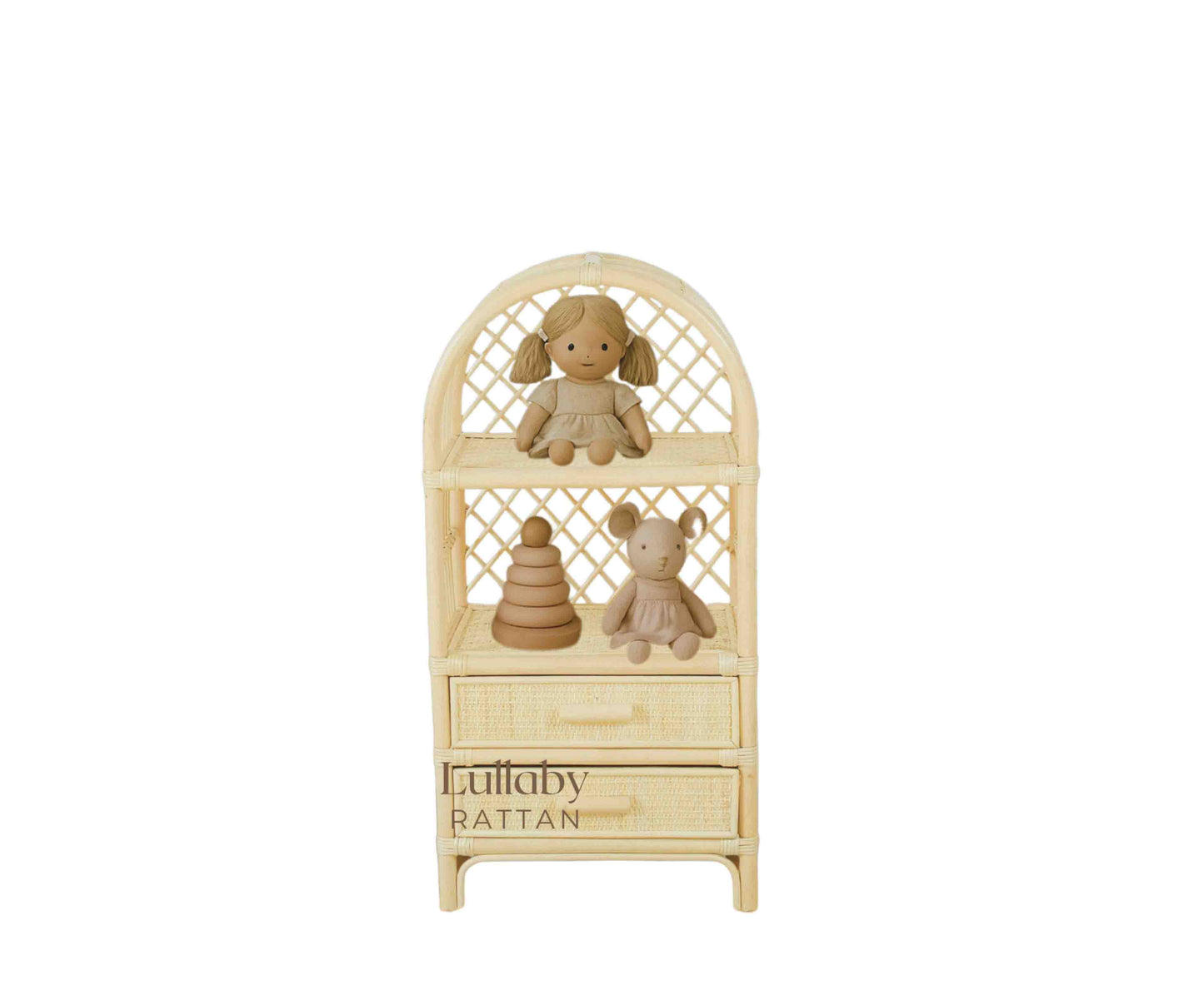 Wicker shelf with two plush toys and wooden building blocks with a doll. Kids toy room inspiration and boho style