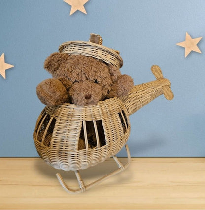 Stuffie with a toddler toy. Hand-made kids toy. Rattan helicopter.
