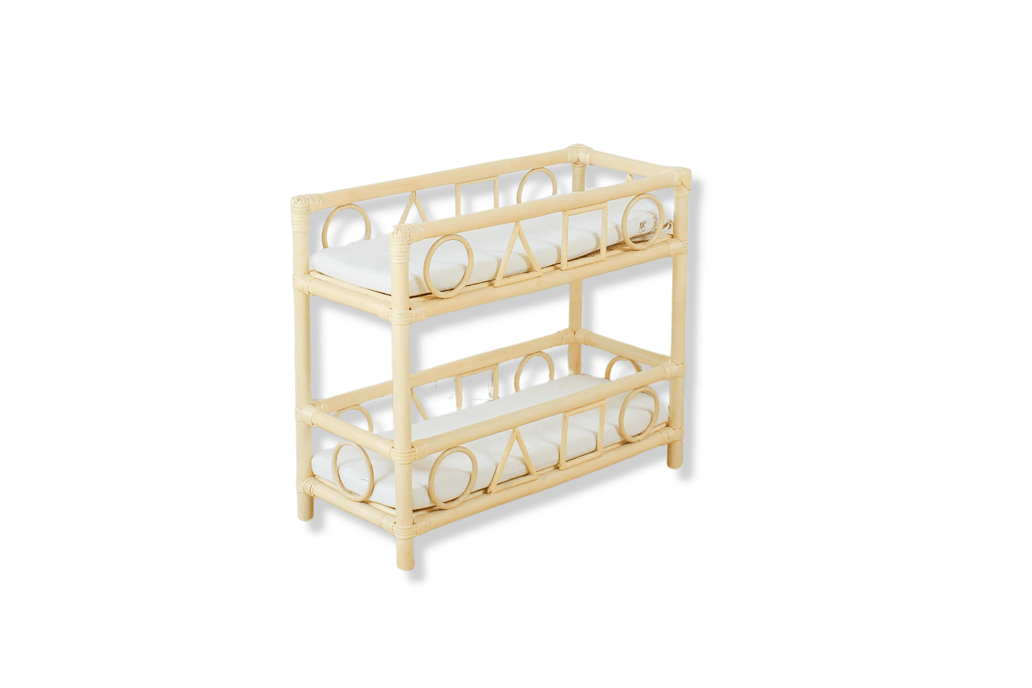 Handcrafted eco-friendly rattan doll bunk bed featuring a boho geometric design, perfect for sustainable doll play and natural nursery decor.