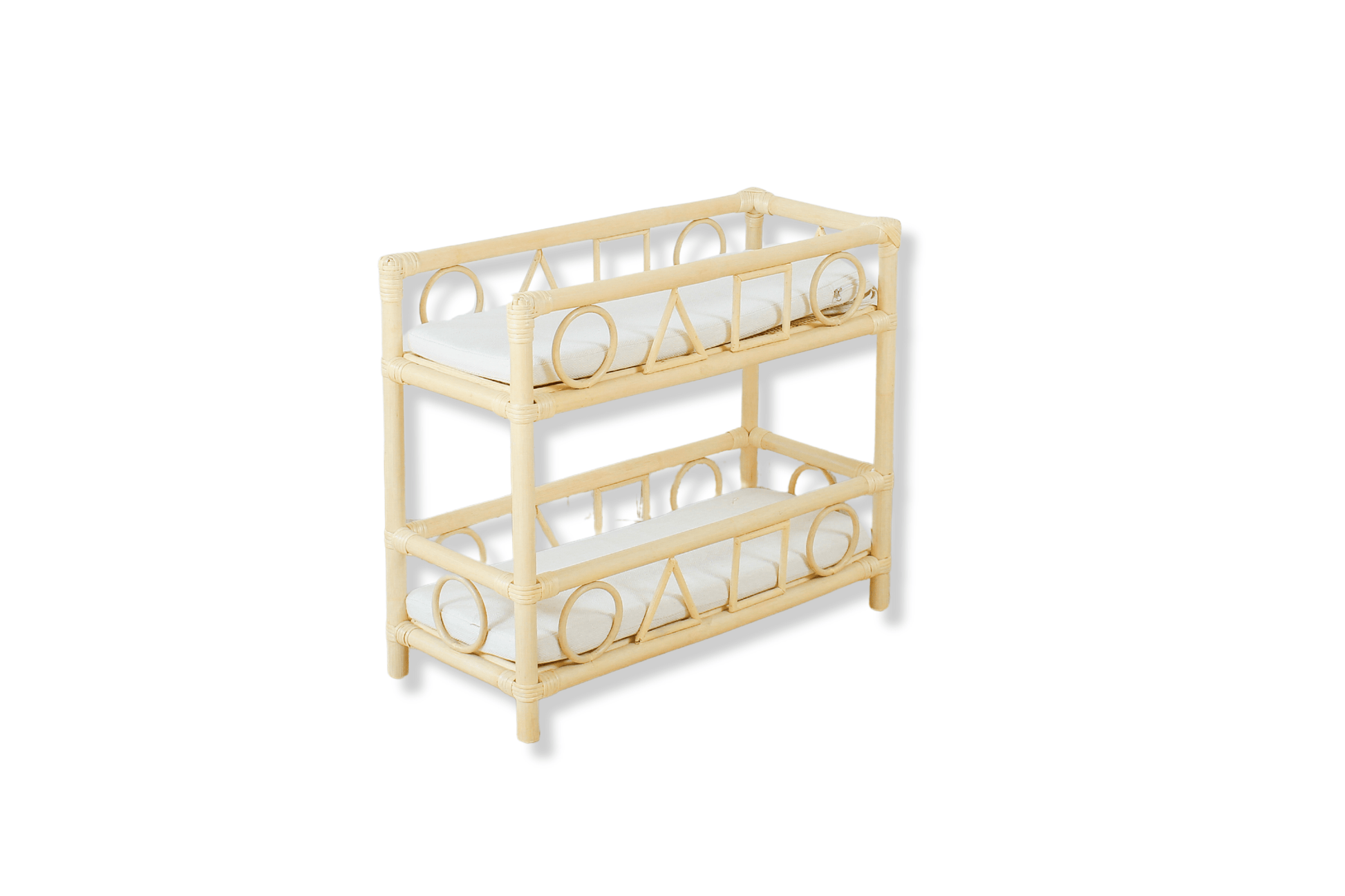 Handcrafted eco-friendly rattan doll bunk bed featuring a boho geometric design, perfect for sustainable doll play and natural nursery decor.