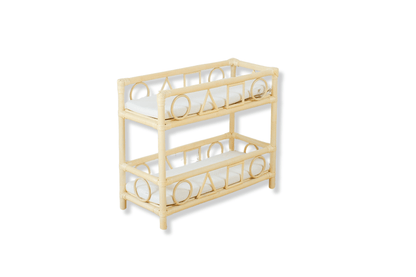 Handcrafted eco-friendly rattan doll bunk bed featuring a boho geometric design, perfect for sustainable doll play and natural nursery decor.