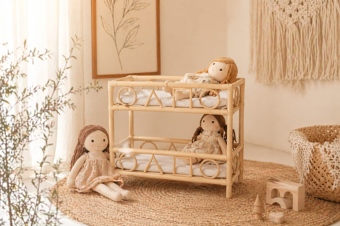 Handcrafted rattan doll bunk bed in a boho nursery with neutral decor and wooden toys.
