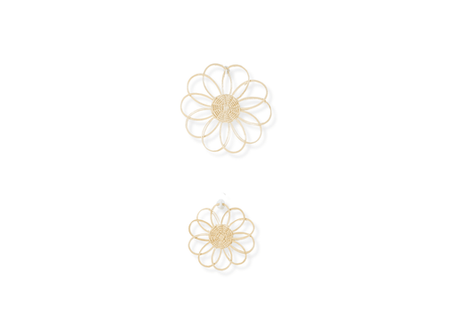 Two varying sized flowers hanging on a white wall. Flowers are made of rattan and are eco-friendly