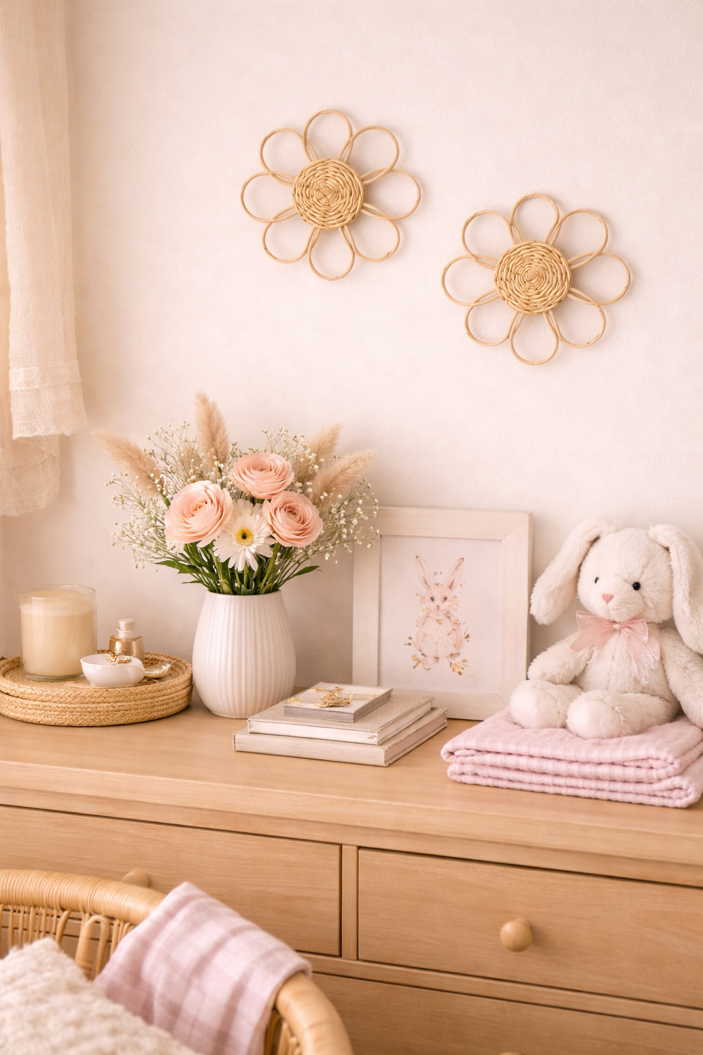 Botanical flower wall art crafted from rattan styled in a girls nursery and playroom