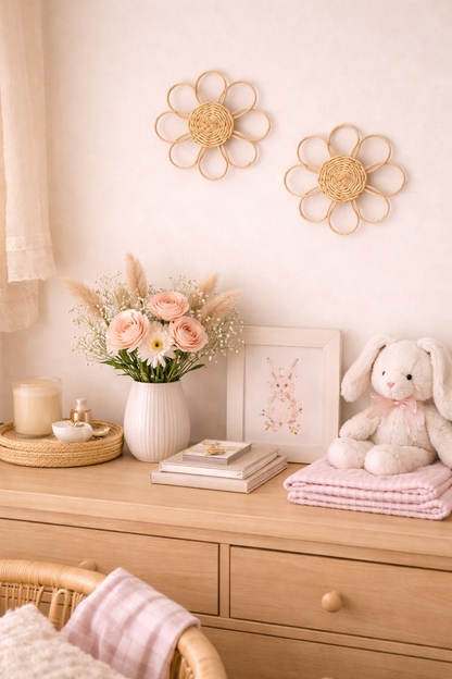 Botanical flower wall art crafted from rattan styled in a girls nursery and playroom