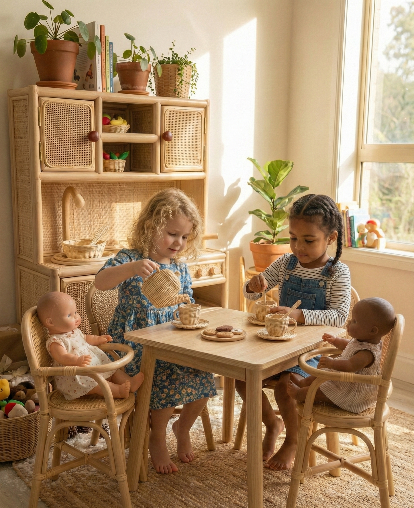 Children playing with dolls at a table. They have pretend play food, wooden kitchen accessories and a Kitchen set for toddlers. 