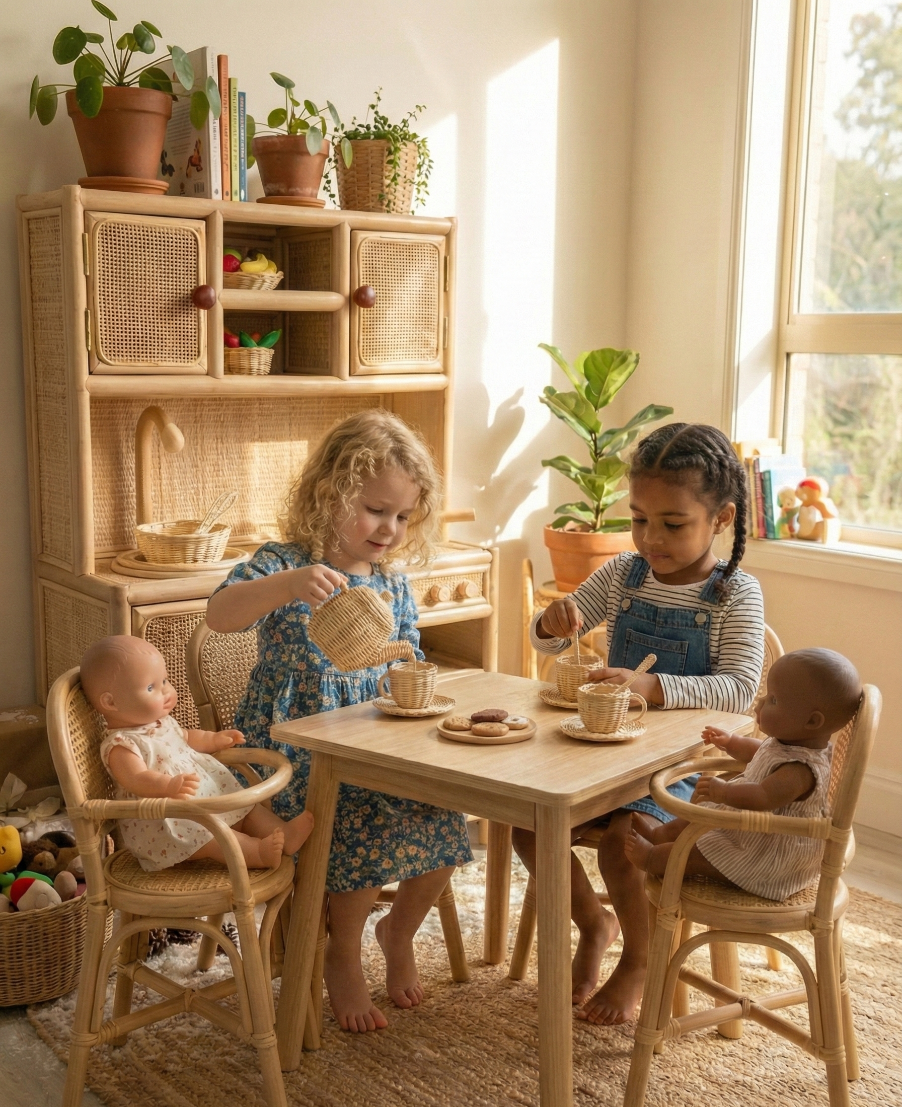 Children playing with dolls at a table. They have pretend play food, wooden kitchen accessories and a Kitchen set for toddlers. 