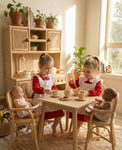 Two young girls in a play kitchen setting with dolls. They prepare pretend baby food to feed their dolly's. 