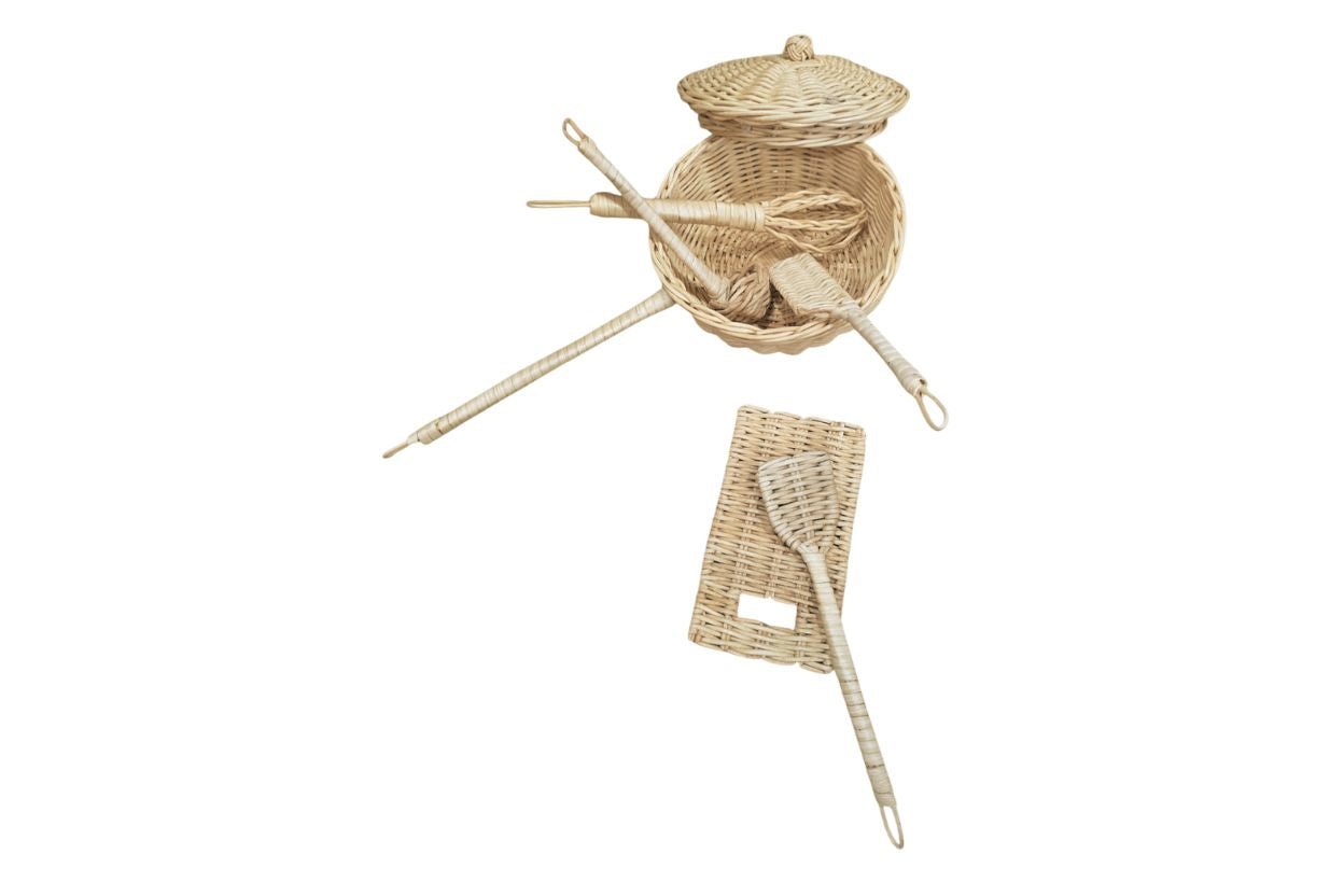 Eco friendly rattan kids cooking utensils for imaginative play kitchens