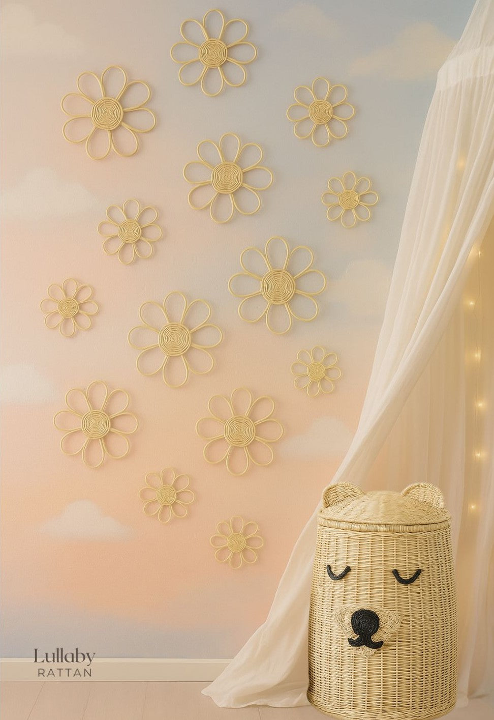 Decorative wall with yellow flower patterns and a wicker basket with a bear face design.