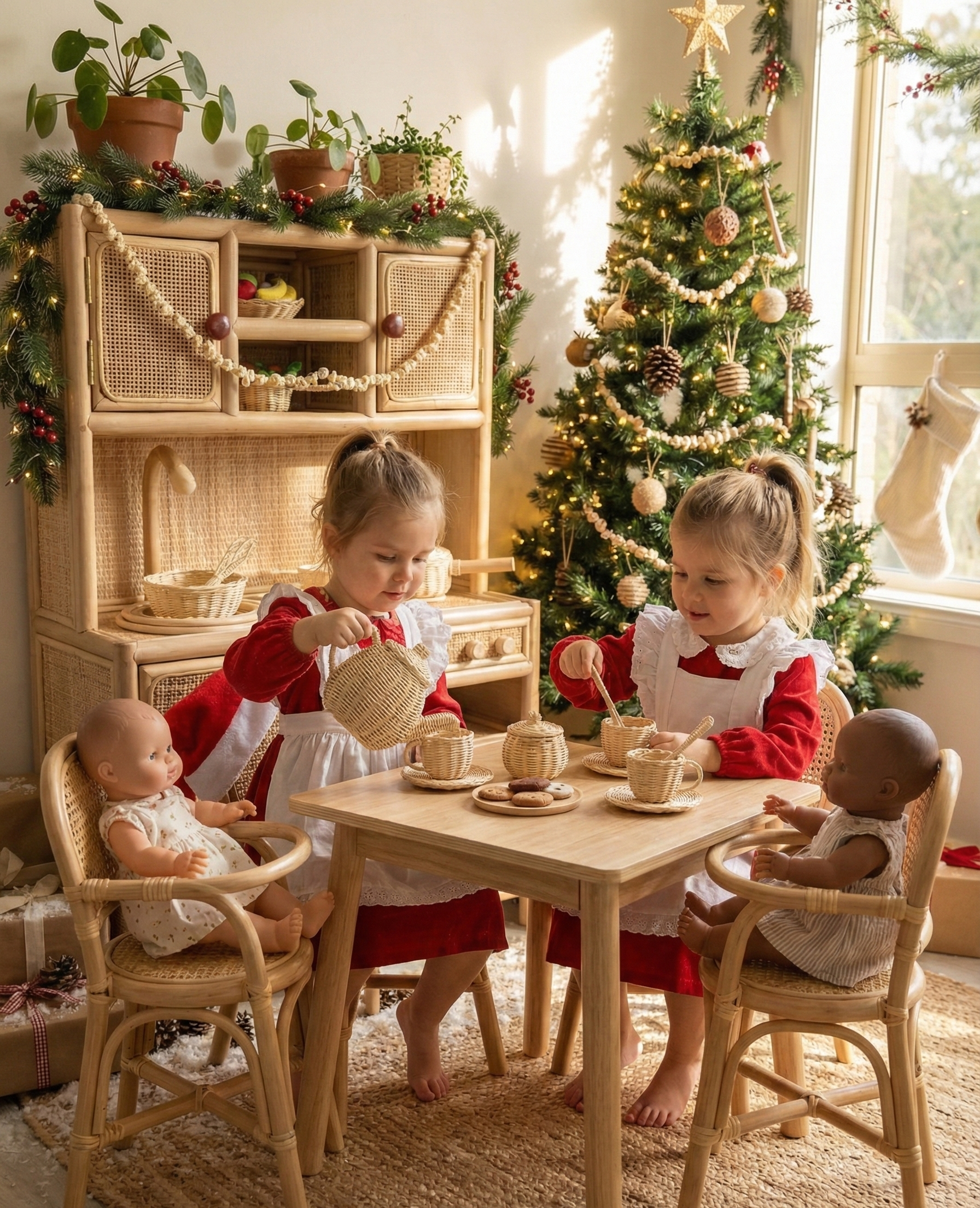 Two young girls and a dolls sitting at a table with a Christmas tree in the background. The girls host a tea party with the dolls in a high chair. They have been preparing doll food in their play kitchen. 