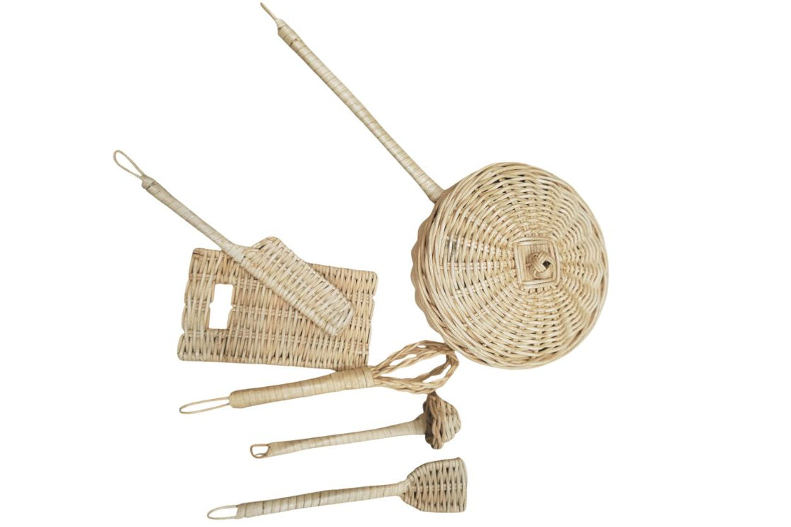 Rattan kids play kitchen utensils for pretend cooking and imaginative toddler play