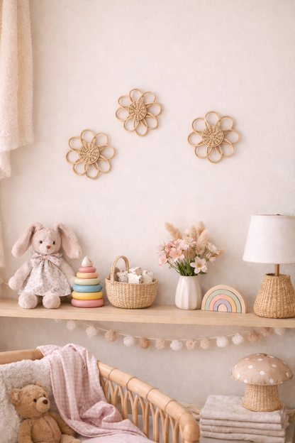 Set of rattan flower wall decor pieces arranged on a white wall in a boho kids room