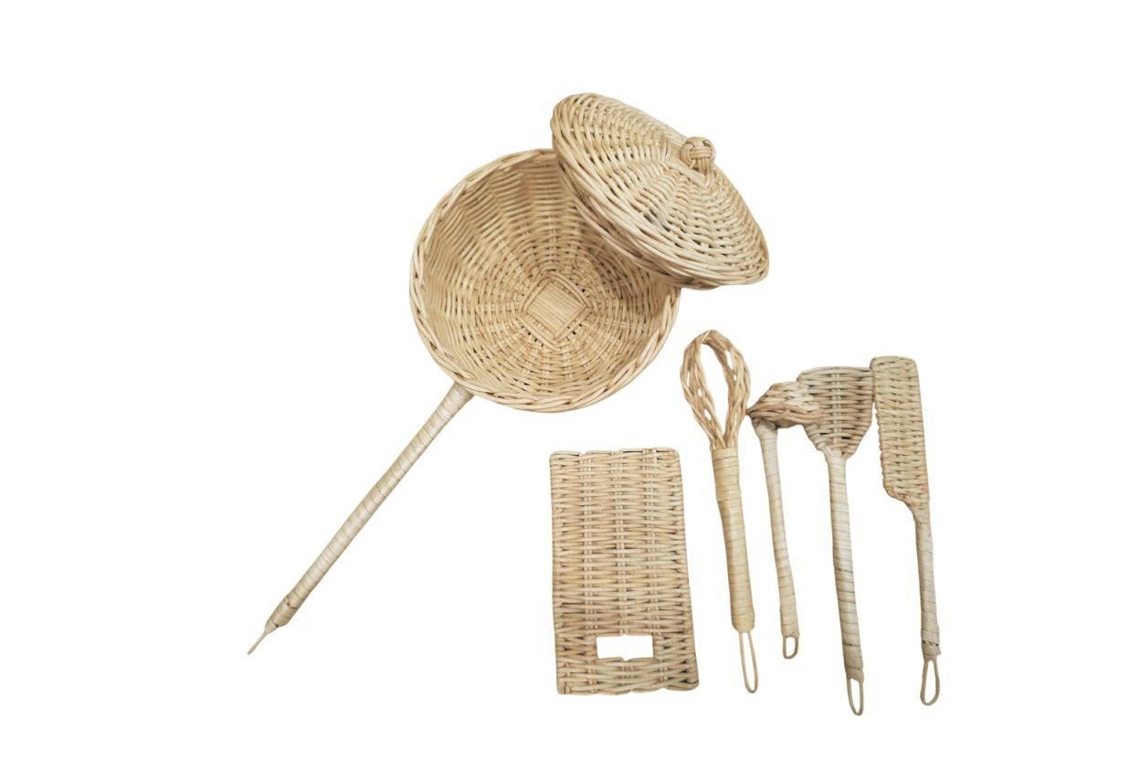 Montessori rattan pretend cooking utensils for play kitchens and mud kitchens