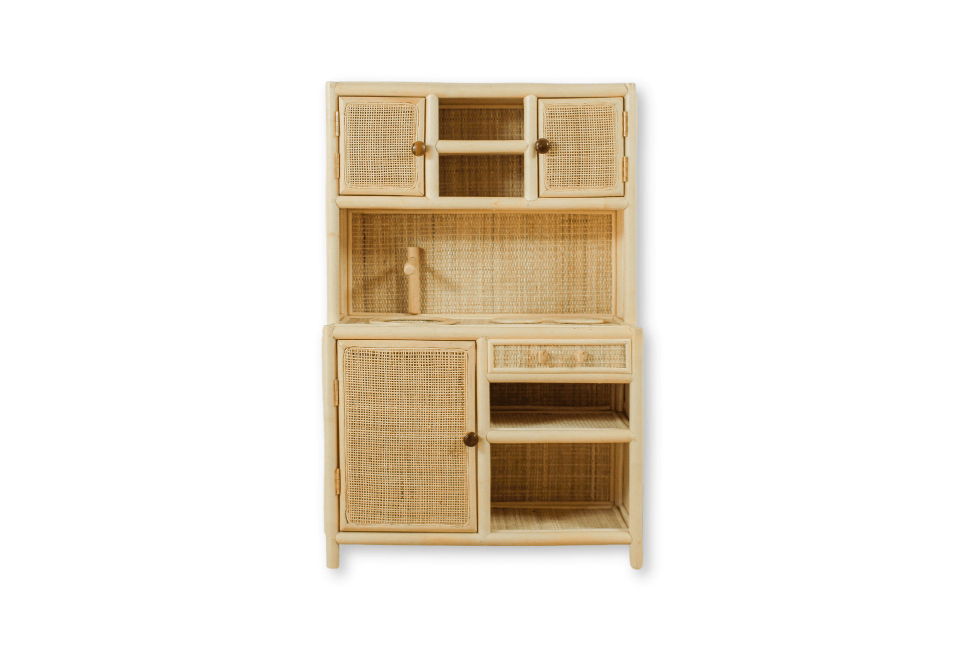 open ended play with a wooden kids toy kitchen. Vintage style toy and toy storage organization. 