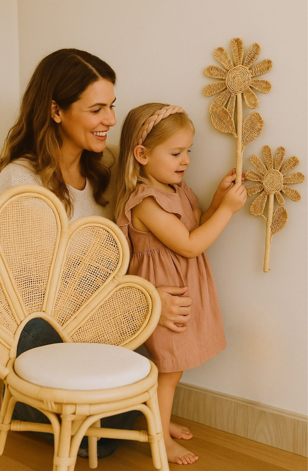 Woman and young girl interacting with decorative wicker flowers on a wall. A special moment between a mother and a daughter. 