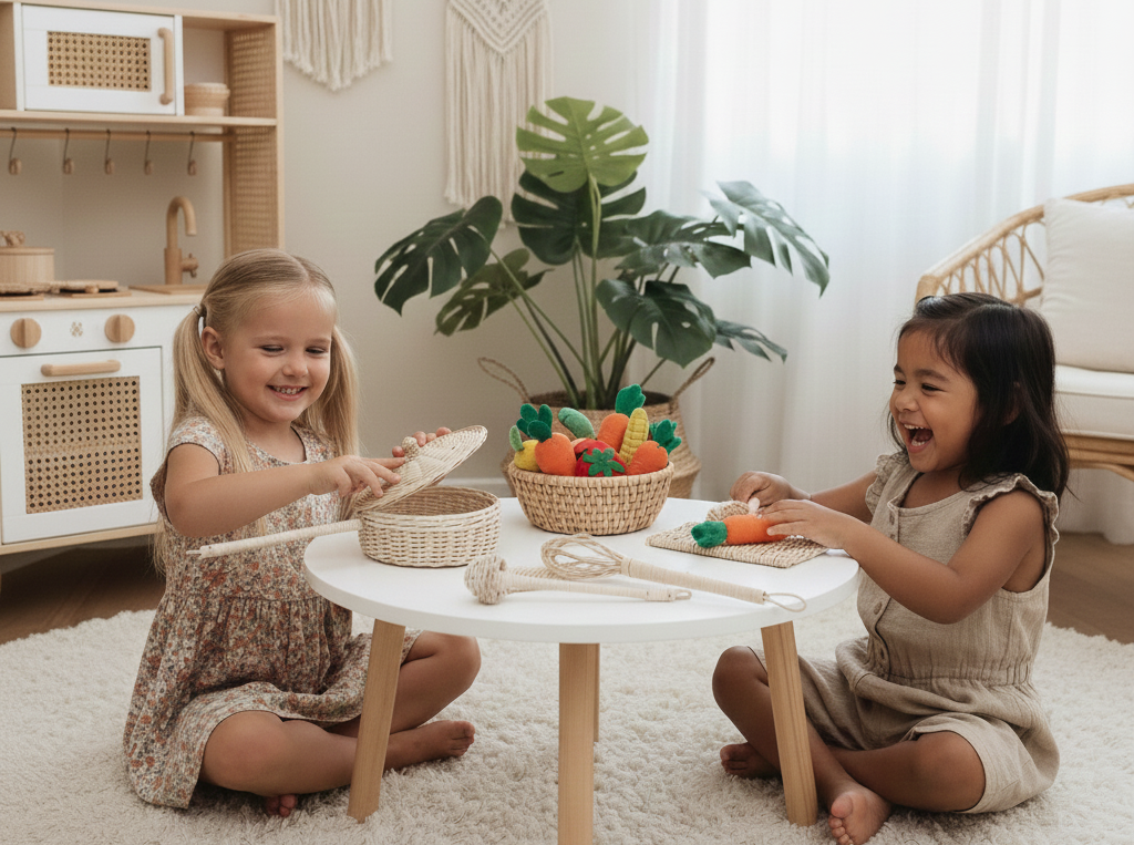 Natural rattan pretend cooking utensils for felt food and play kitchens