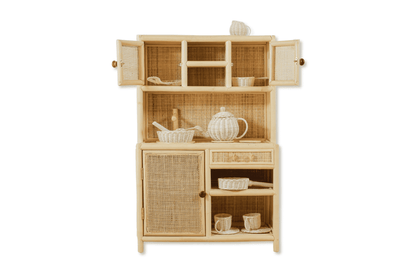 Toddler sized cooking station with wooden pretend play cooking utensils. 