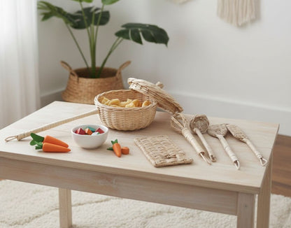 Rattan play kitchen utensils as toddler birthday gift and pretend play toy