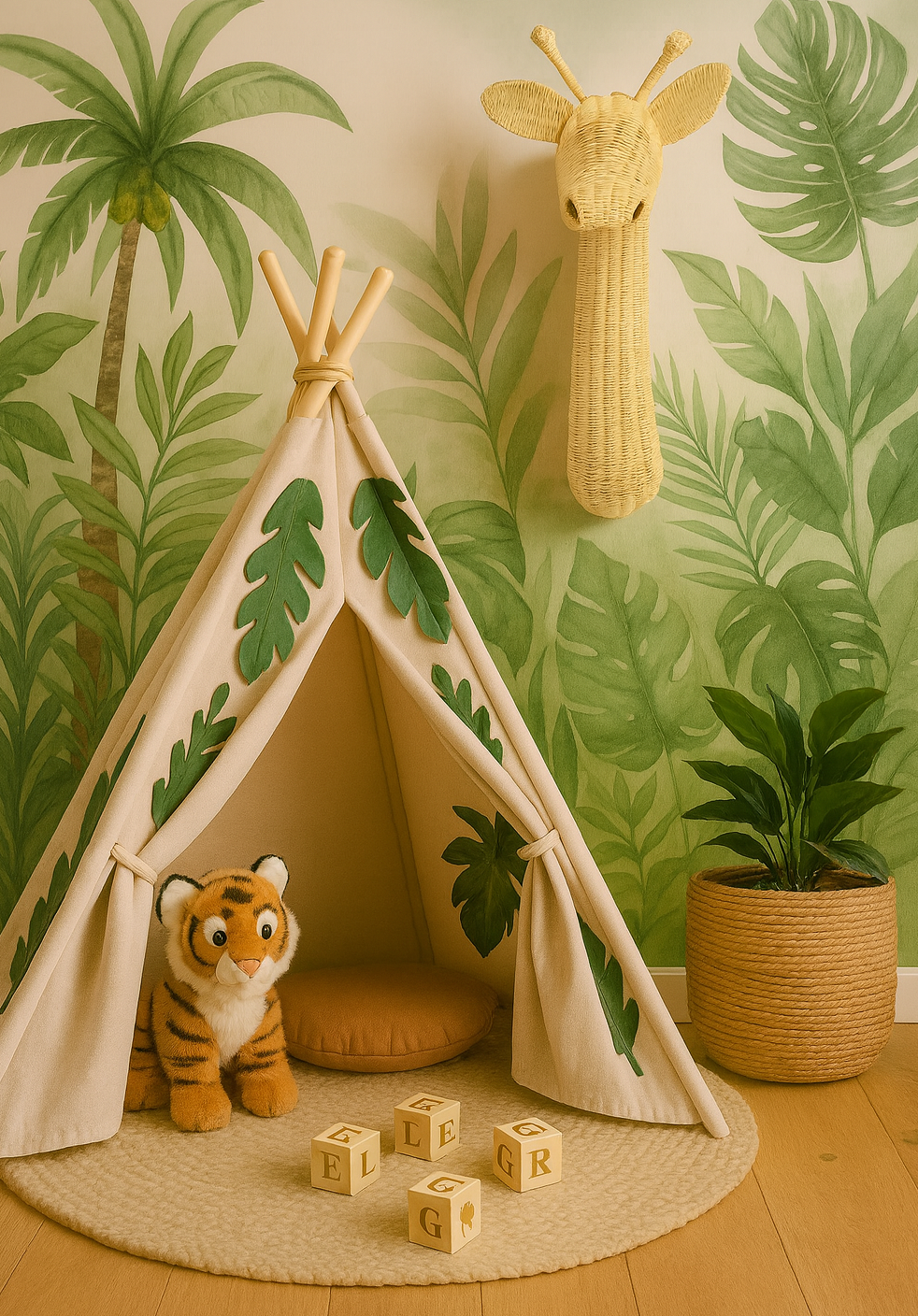 Children's play area with a teepee, stuffed tiger, and alphabet blocks against a leaf-patterned wall. Rattan made giraffe head decoration sits on painted wall. 