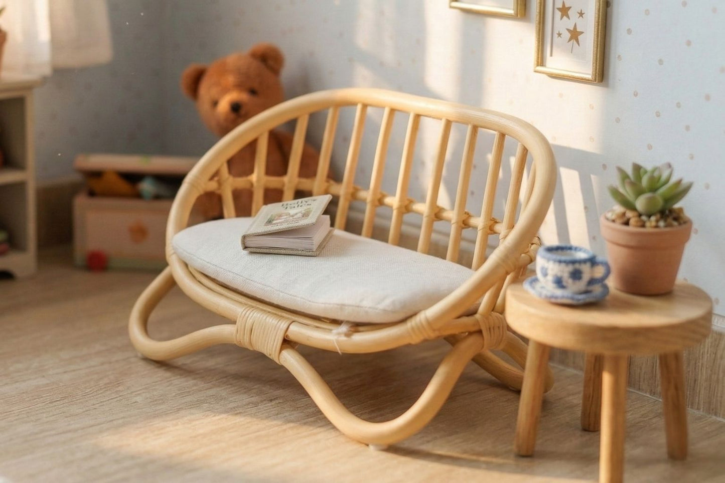 A soft-focus photograph highlighting the front of the miniature rattan bench and its accessories. This unique, keepsake quality piece is perfect as a special first birthday present for a growing child's collection.