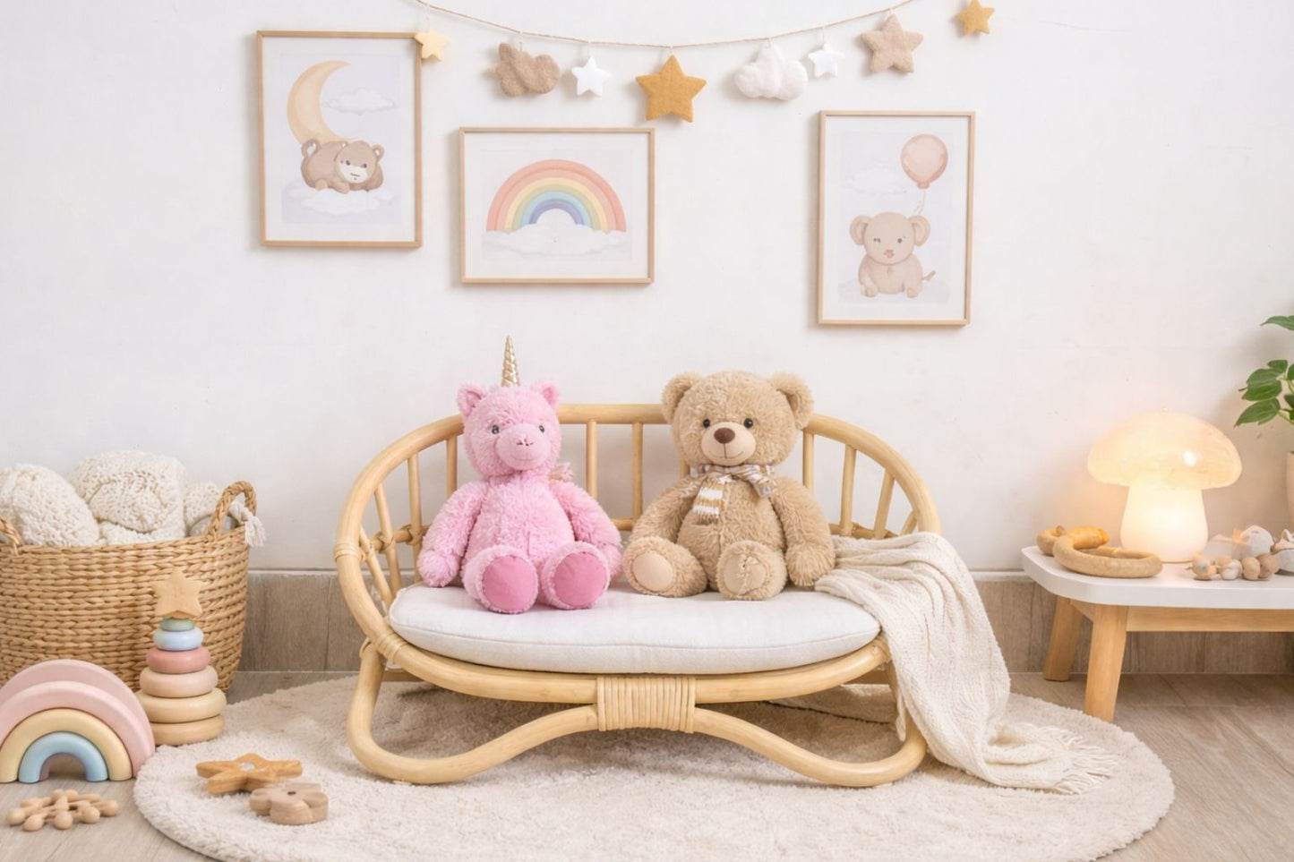 This miniature bent-cane rattan couch, with its highly detailed texture and soft upholstered linen cushion, serves as a delightful sensory object. It makes for an exceptionally crafted, elegant addition to wooden toys or high-end Montessori toys for imaginative display.