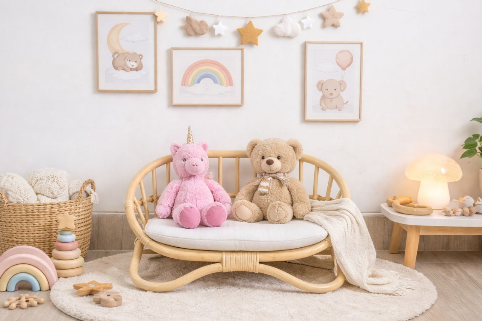 This miniature bent-cane rattan couch, with its highly detailed texture and soft upholstered linen cushion, serves as a delightful sensory object. It makes for an exceptionally crafted, elegant addition to wooden toys or high-end Montessori toys for imaginative display.