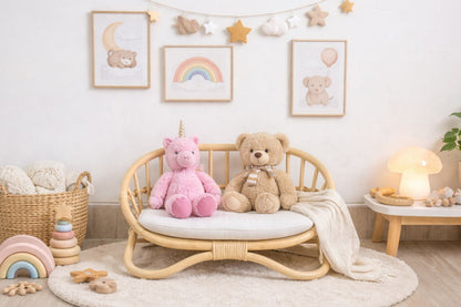 This miniature bent-cane rattan couch, with its highly detailed texture and soft upholstered linen cushion, serves as a delightful sensory object. It makes for an exceptionally crafted, elegant addition to wooden toys or high-end Montessori toys for imaginative display.