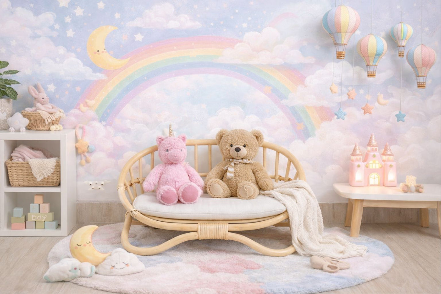 A warm, well-lit photograph of the handcrafted doll bench. Its small size and high-quality finish make it a thoughtful and memorable baby shower gift or an elegant baby boy gift for a curated nursery. Rainbow themed wallpaper and hot air balloons decorate the wall behind. 