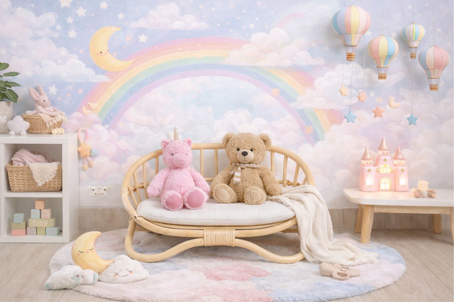 A warm, well-lit photograph of the handcrafted doll bench. Its small size and high-quality finish make it a thoughtful and memorable baby shower gift or an elegant baby boy gift for a curated nursery. Rainbow themed wallpaper and hot air balloons decorate the wall behind. 