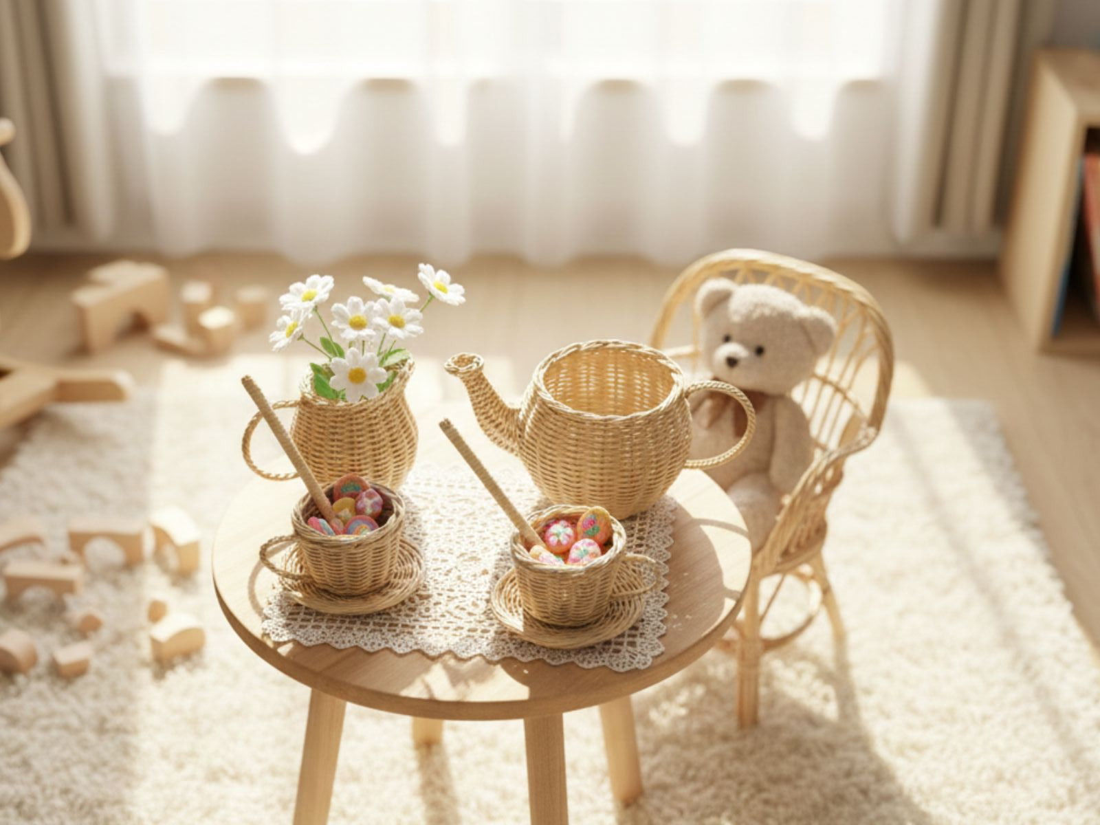 Wicker pet bed with small wicker baskets and flowers on a textured wall.