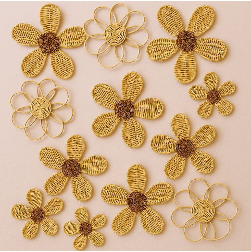 Decorative flowers made of woven material on a beige background